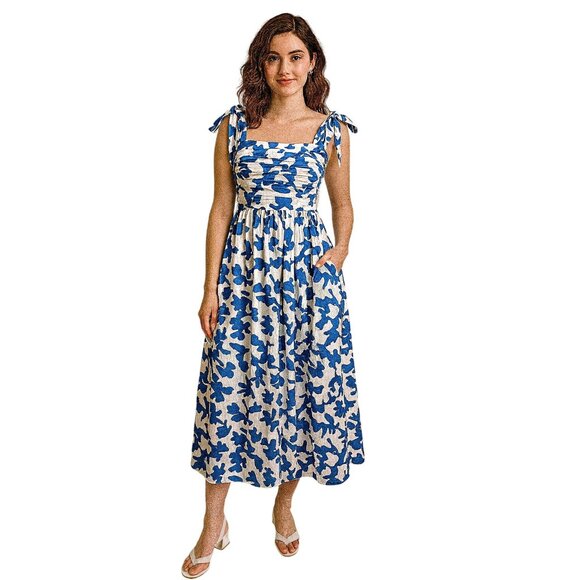 Abercrombie & Fitch Women's Emerson Tie Strap Midi Sundress Blue White S - Picture 1 of 11